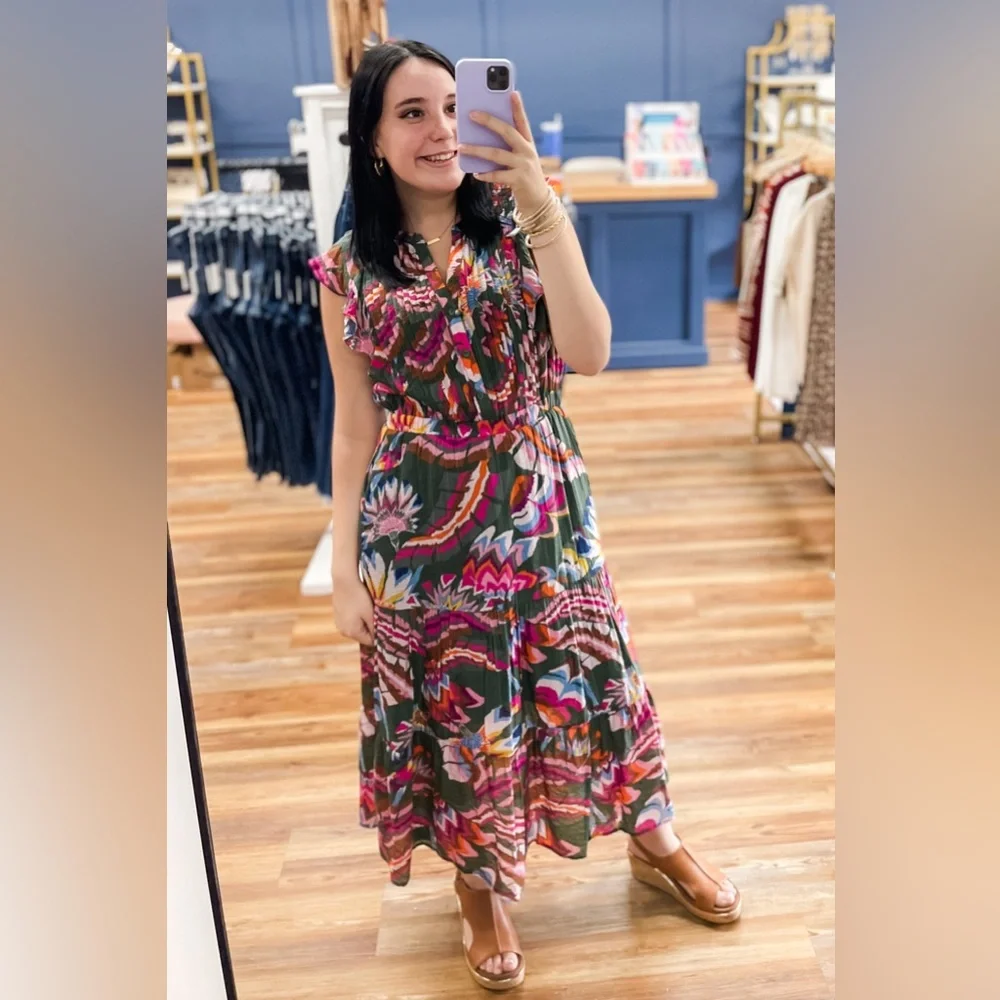 THML Green & Colorful Floral Print Midi Dress Flutter Sleeves Pleated BNT0026 - Picture 2 of 4